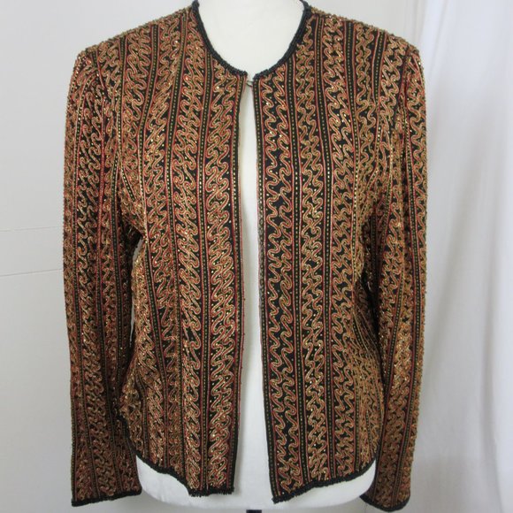 Papell Boutique Black Silk Embroidered Beaded Evening Jacket Vintage Size Medium - Picture 2 of 13